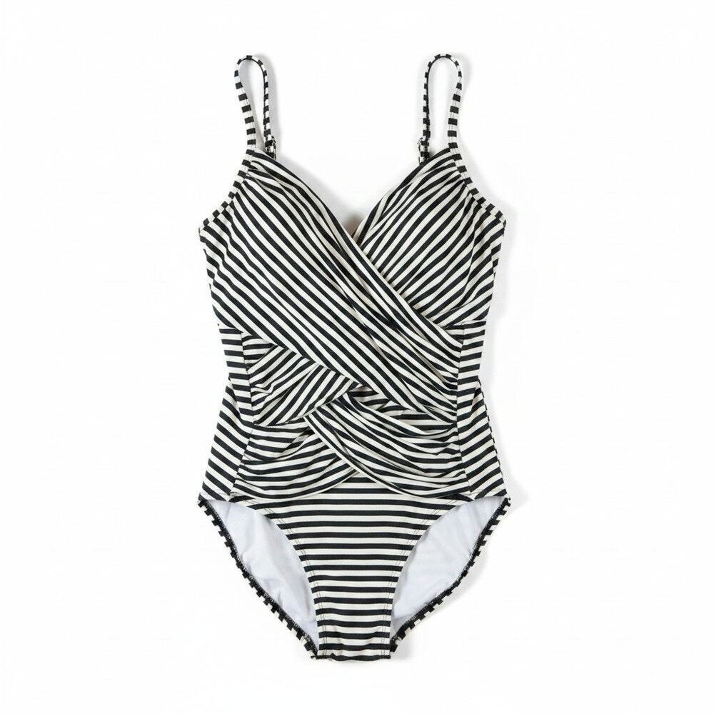 Merona Black White Striped Wrap Ruched One Piece Swimsuit M Nautical Resortwear
